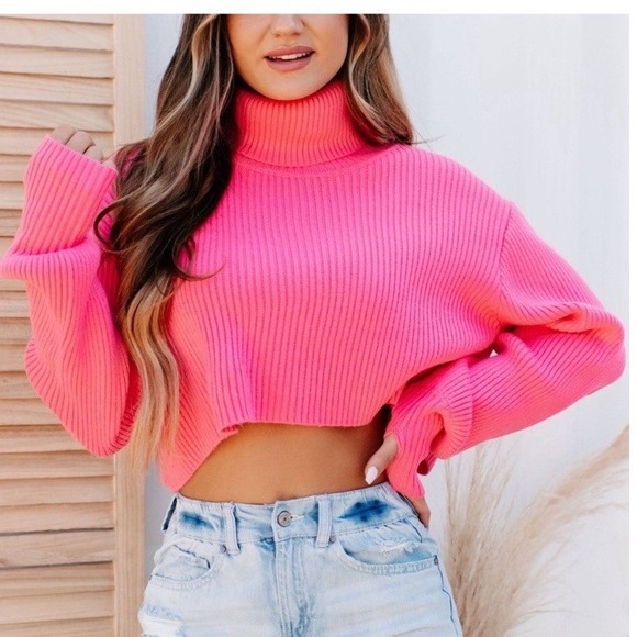 Altar'd State Sweaters - Altar'd State Hot Pink Ribbed Cropped Turtleneck Sweater Barbie Cozy Size Small